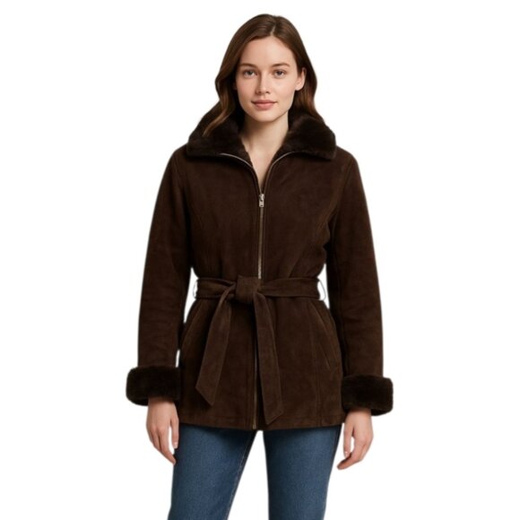 Wilsons Leather Brown Faux Fur Collar Cuffs Suede Leather Coat - Picture 1 of 17